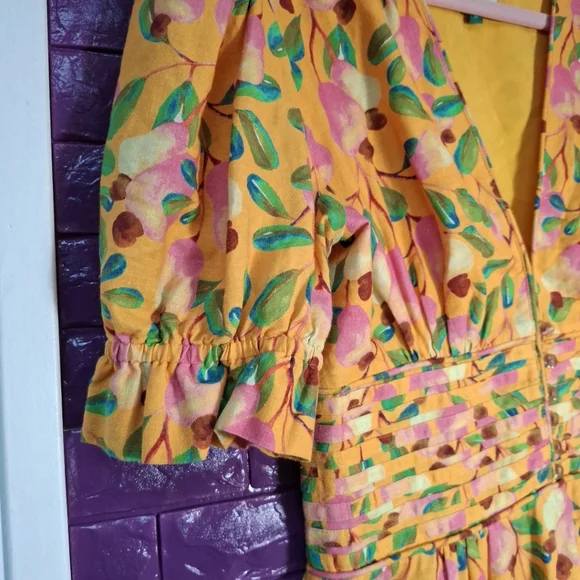 Farm Rio Yellow Floral Linen Cashew Dress Size Med - Picture 5 of 6